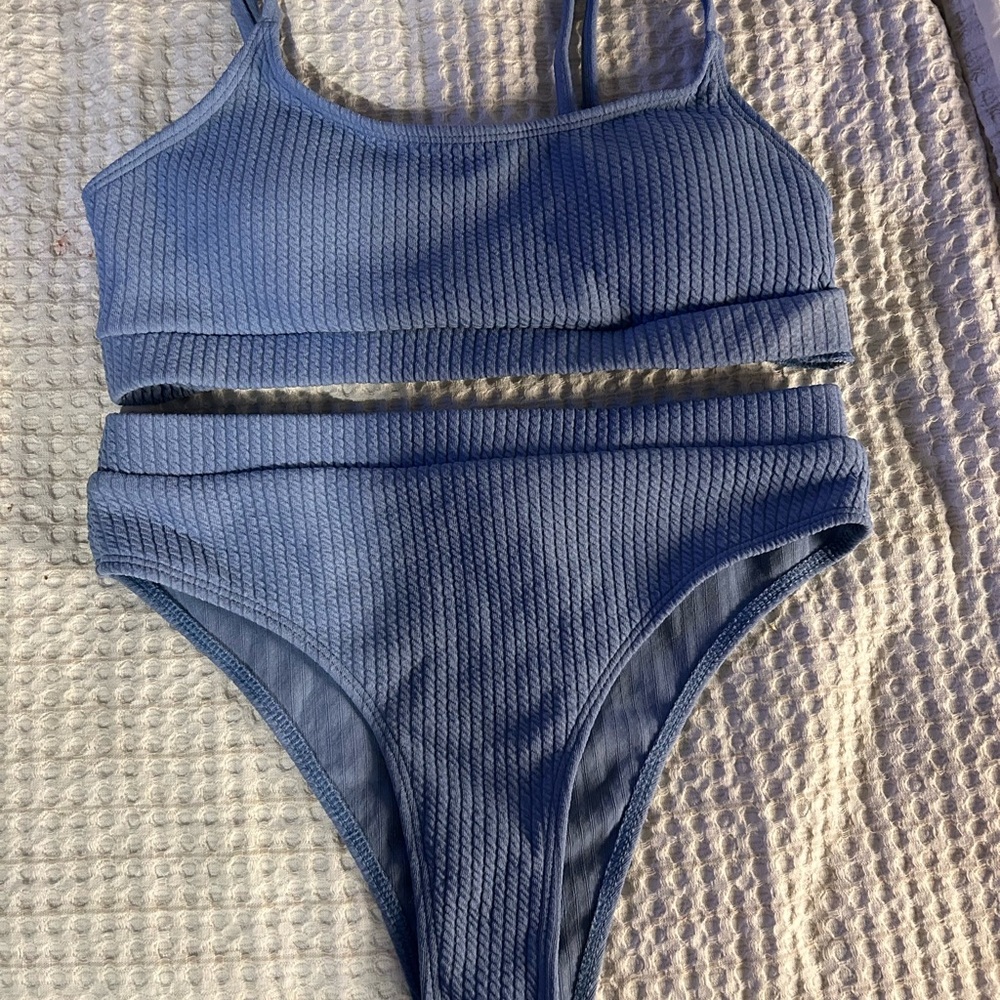 Womens Ribbed Blue Two Piece Swimsuit